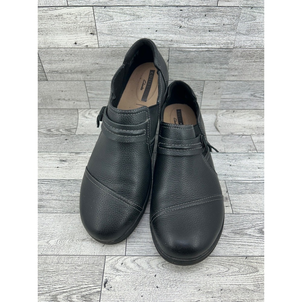 Clarks‎ Collection Women Sz 9.5M Black Leather Slip On Loafers Cushion Soft